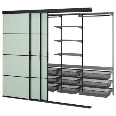 SKYTTA storage unit - modern design with glass doors, metal shelves and mesh drawers in black.
