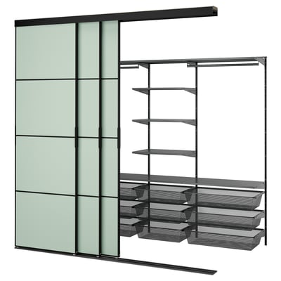 Modern black storage unit with sliding doors, open shelves, and mesh drawers. Ideal for bedroom organization.