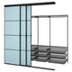 Option: SKYTTA blue and black storage system with glass panels and metal mesh baskets, designed for efficient space use.
