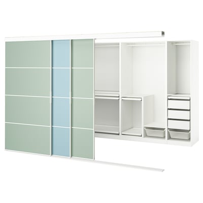 Modern white wardrobe with glass door panels, metal handles; includes shelves and drawers.