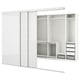 Option: A white SKYTTA wardrobe with sliding doors and multiple compartments. It shelves, drawers, and a trouser hanger.