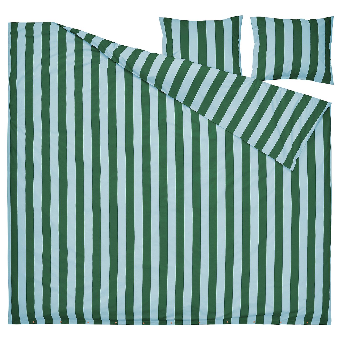 Striped SLÅNHÖSTMAL bedding set, green & blue stripes, rectangular, soft cotton/lyocell blend.