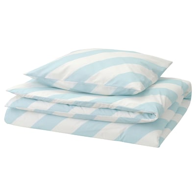 Blue-white striped SLÖJSILJA bedding set: IKEA ilex pattern, cotton blend, calming design.