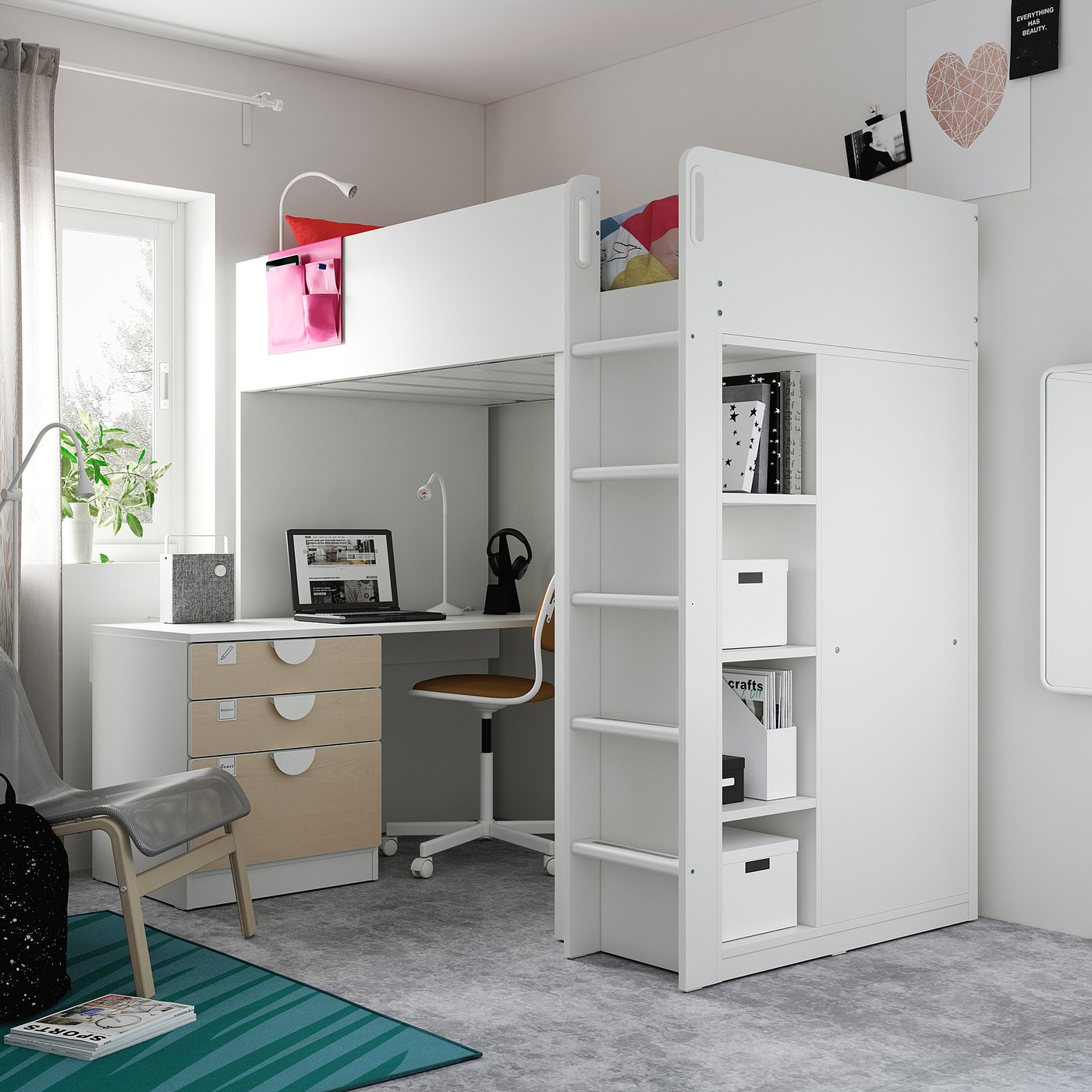 SMÅSTAD Loft bed - white birch/with 