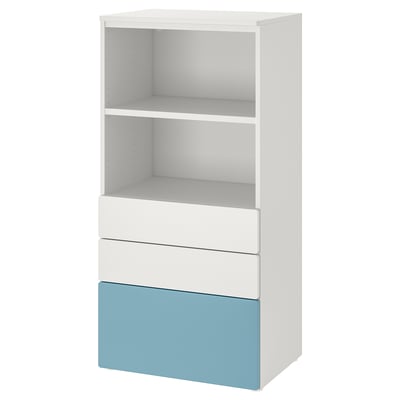 A white and light blue SMÅSTAD bookcase with three shelves and two drawers for extra storage, designed for kids.