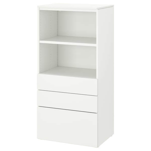 White SMÅSTAD bookcase with drawers and shelves.
