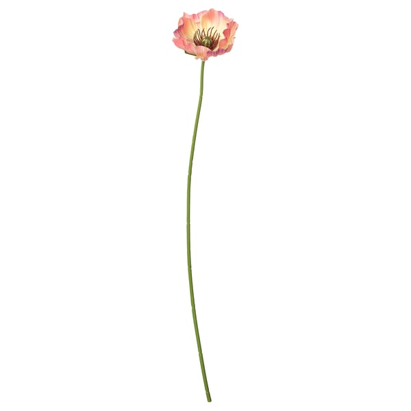 Single pastel pink poppy flower with green stem, hand-painted, reusable home decor.