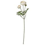 White artificial flower stem with two blooms and green leaves, made from recycled materials.