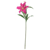 Single bright pink artificial lily with green leaves on a straight stem.