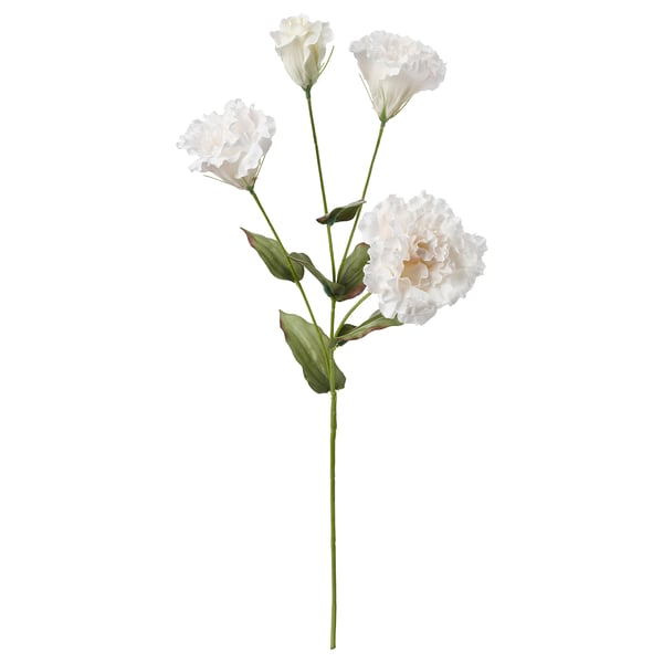 White artificial flower stem with green leaves on a white background.
