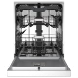 Open dishwasher with two racks, steel interior, ready for loading.