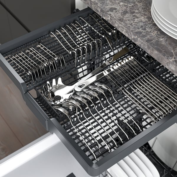 A modern dishwasher with an open cutlery basket, showing multiple compartments for organized loading, fit for large kitchenware.