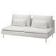 Modern white leather sofa with chrome legs and four pillows, sleek and minimalist design.