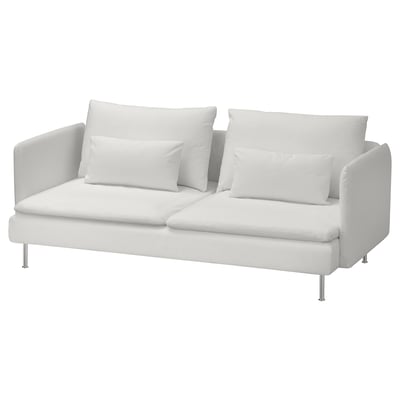 Modern white sofa, streamlined design, soft cushions, chrome legs.