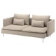 A beige-colored SÖDERHAMN sofa with a modern, low-profile design and metal legs, adorned with cushions.