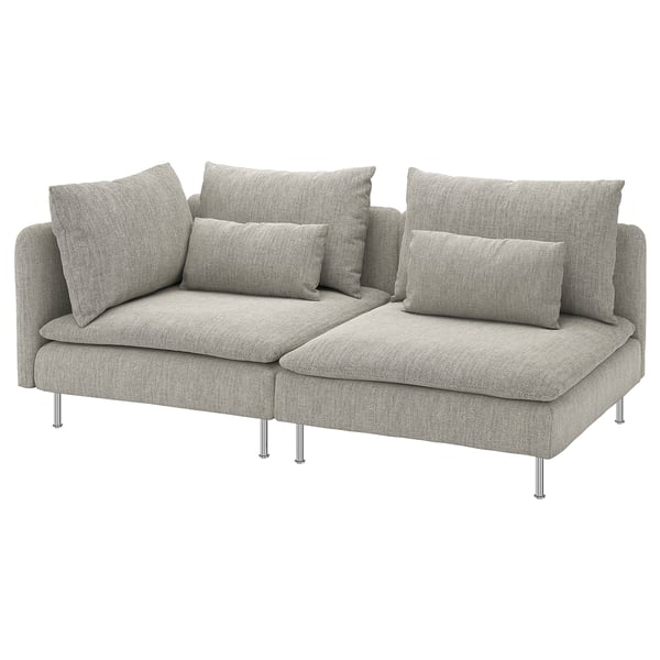 Modern grey l-shaped sofa with cushions, sleek metal legs, cozy and stylish.