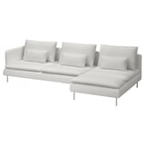 White, modern, l-shaped sofa with chrome legs and multiple cushions. Clean, minimalist design.
