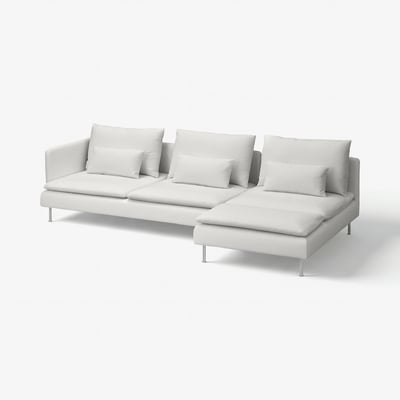 Modern white l-shaped sectional sofa with plush cushions and sleek metal legs.