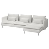 Modern, white, l-shaped sofa. Comfortable, deep seats, chrome legs, sleek design.