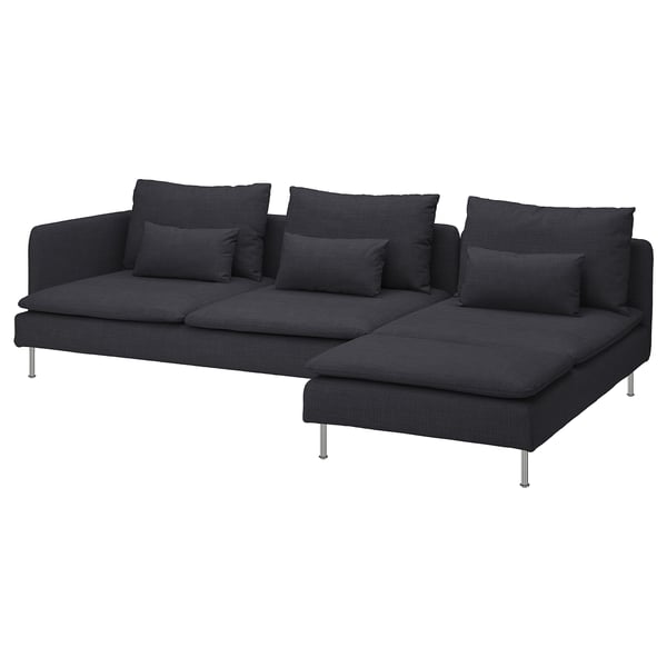 Dark grey SÖDERHAMN sectional sofa with deep seats, loose cushions, and stainless steel legs.