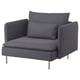 A gray SÖDERHAMN armchair with cushions, featuring a modern design and stainless steel legs.
