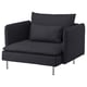 SÖDERHAMN dark gray chair, deep seat, l-shaped cushions, metal legs.