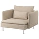 Neutral-colored fabric corner sofa chair, sleek design, metal legs.