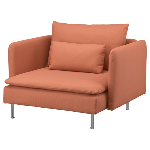 SÖDERHAMN orange armchair. Soft, deep seat, chocolate wale corduroy cover, chrome legs.