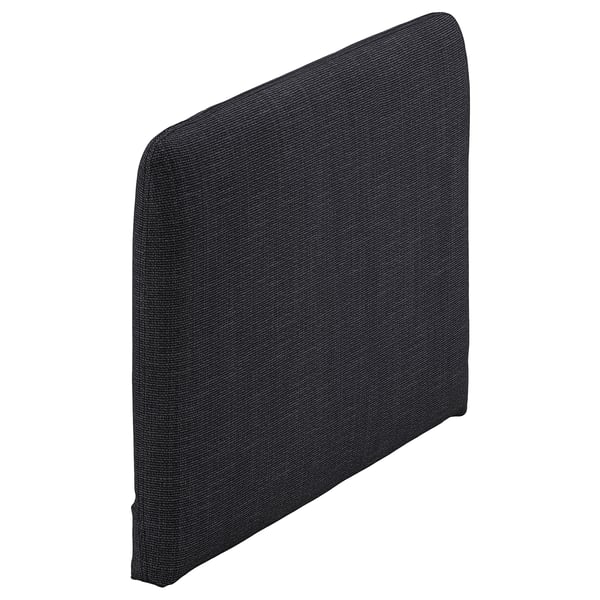 Dark grey rectangular upholstered headboard, simple and modern design. Made from fabric with a subtle pattern.