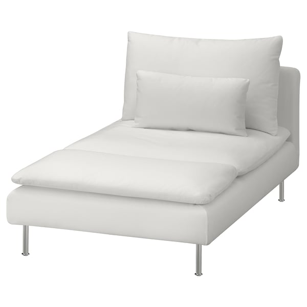 A white SÖDERHAMN chaise longue with a sleek modern design, smooth lines, and chrome legs.