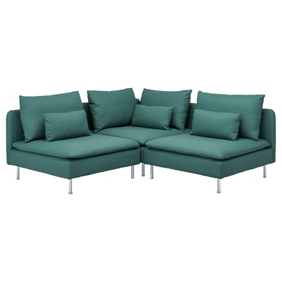 Teal SÖDERHAMN sectional sofa, deep seats, slim lines, high legs, soft corduroy.