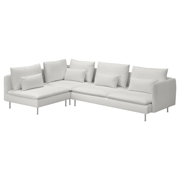 A white SÖDERHAMN sectional sofa with clean lines, featuring plush cushions and metal legs.