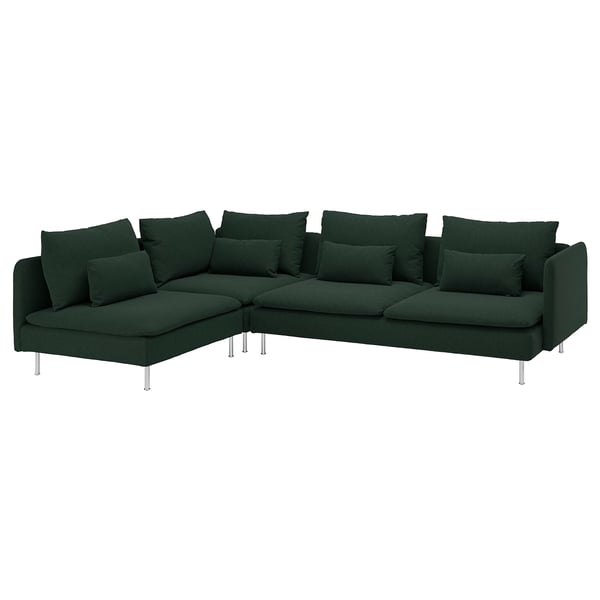 SÖDERHAMN dark green l-shaped sectional sofa with metal legs and numerous cushions.