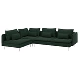SÖDERHAMN dark green l-shaped sectional sofa with metal legs and numerous cushions.