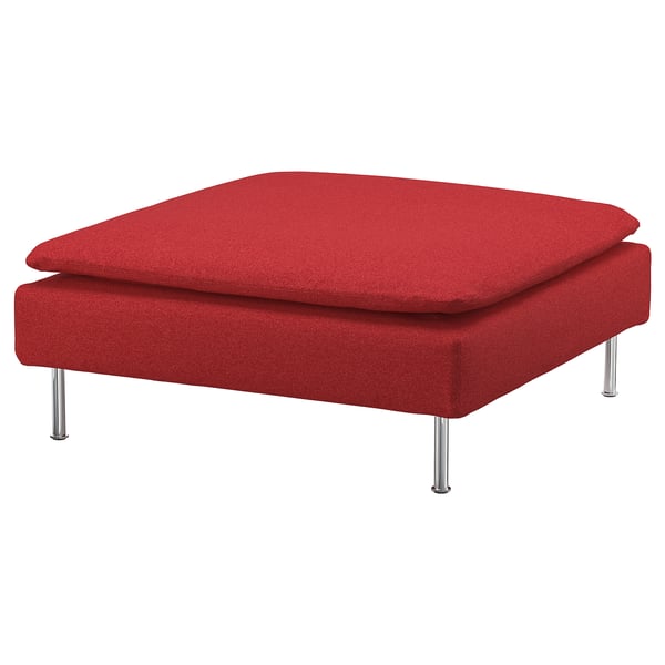 Red SÖDERHAMN ottoman, square-shaped with chrome legs, modern design.