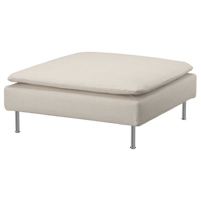 A light beige, square-shaped ottoman named SÖDERHAMN. It has removable, washable fabric cover over a sturdy frame, supported by chrome legs.
