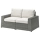 SOLLERÖN gray wicker outdoor loveseat with white cushions.