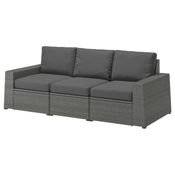 Modern gray wicker outdoor sofa with plush cushions, modular design.