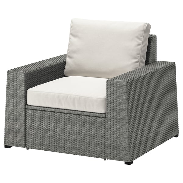 Gray wicker outdoor chair with beige cushions.