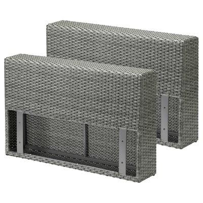Two gray wicker outdoor end tables with metal frames. They are rectangular and stackable designed for patio use.