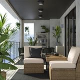 Modern grey outdoor lounge: SOLLERÖN sectional, cushions, plants, balcony view.