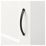 Black curved handle on white cabinet door, smooth surface.