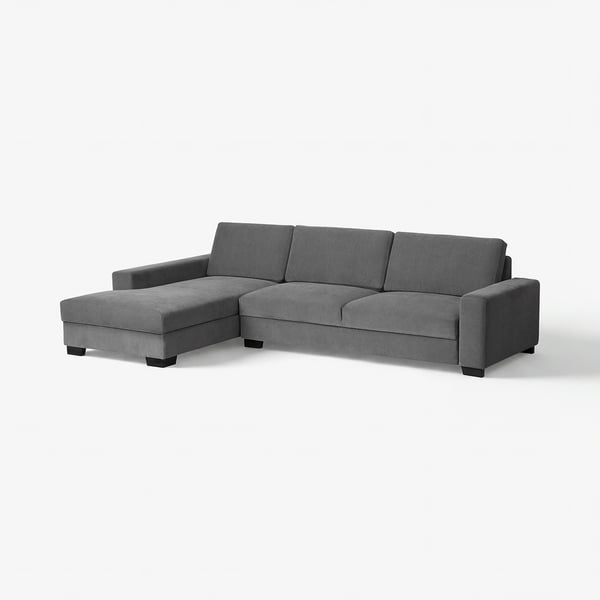 Modern grey l-shaped sofa, minimalist design, sturdy & cosy, ideal for relaxation.