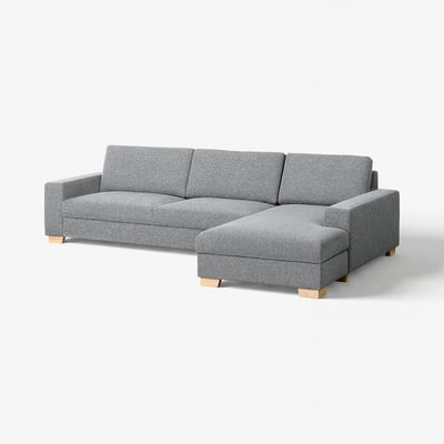 Modern grey l-shaped sofa with wooden legs, minimalistic scandinavian design.