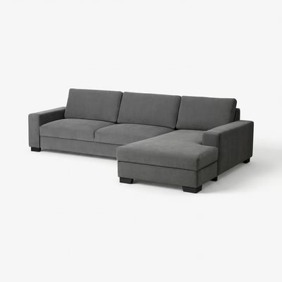 Modern grey l-shaped sofa, minimalist design, sturdy fabric, dark wooden legs.