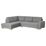 Modern grey l-shape sofa with wood legs, plush cushions, scandinavian style.