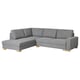 Modern grey l-shape sofa with wood legs, plush cushions, scandinavian style.