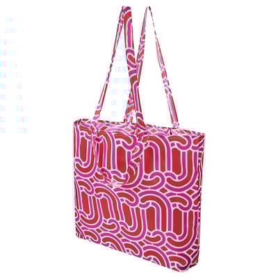 Bright pink and red patterned tote bag with white design, long handles, rectangular shape. Made from 100% recycled polyester.