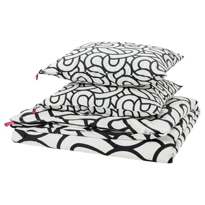 Black & white swirl bedding set: duvet & pillow, cotton-viscose, silky, zipped.
