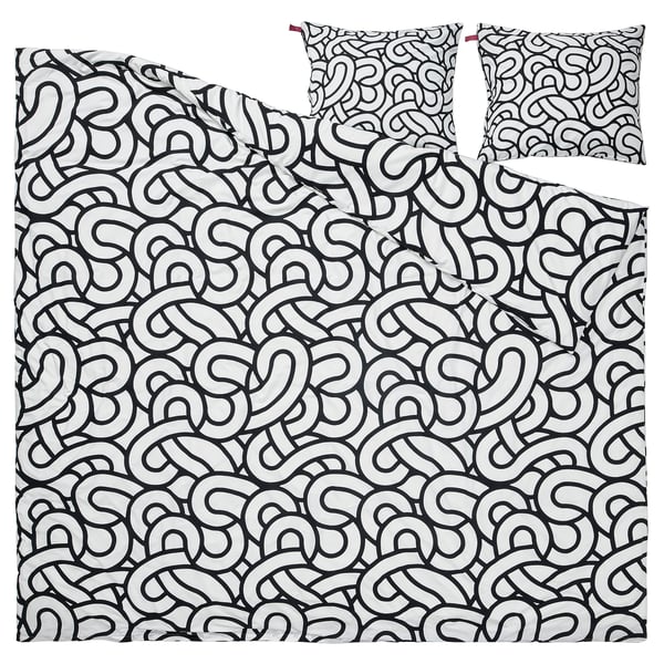 SÖTRÖNN duvet set, black/white swirly pattern, cotton-viscose blend, smooth and cool, zipper closure.